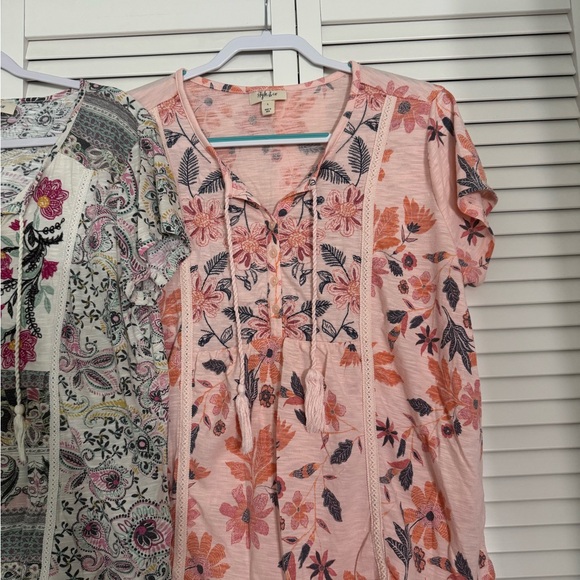 Style & Co Pink Floral Embroidered Short Sleeve Tops Girly Feminine Boho Sz L - Picture 4 of 6